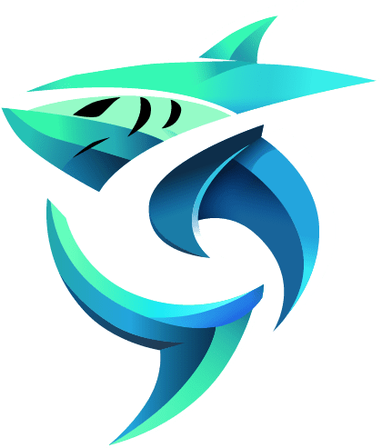 A stylized, abstract design of a shark incorporating shades of blue and green, featuring sharp angles and curves.